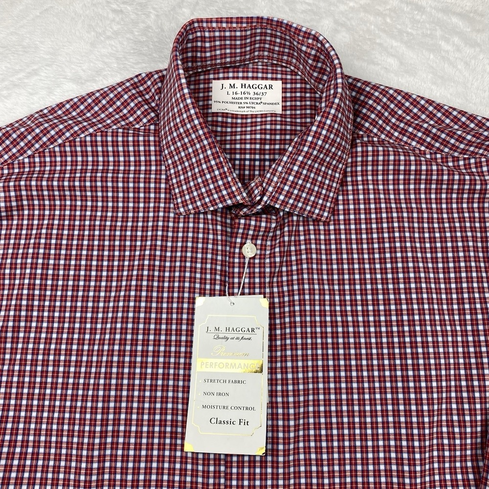 J. M. Haggar Premium Performance Shirt Mens 16.5-36/37 Red Checks No Iron NWT!